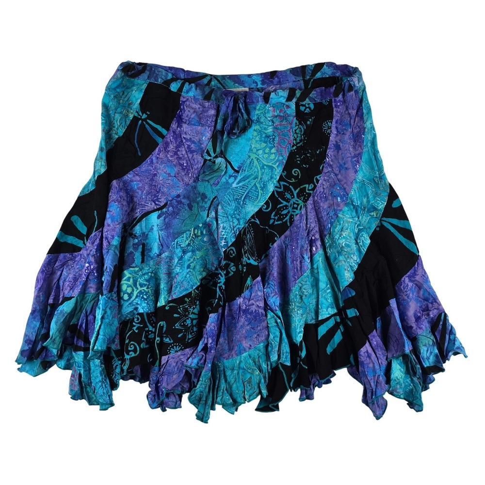 Tropical Vibrations Batik Dragonfly Skirt Womens L XL Blue Purple Handkerchief